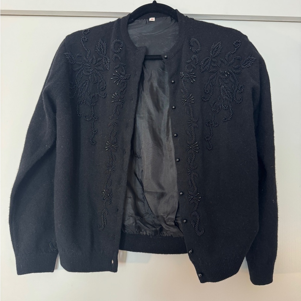 Vintage 1960s Black Beaded Wool Cardigan | Hong Kong | Size 38